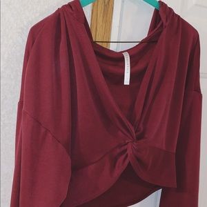 Fabletics LS hooded cropped knot front top